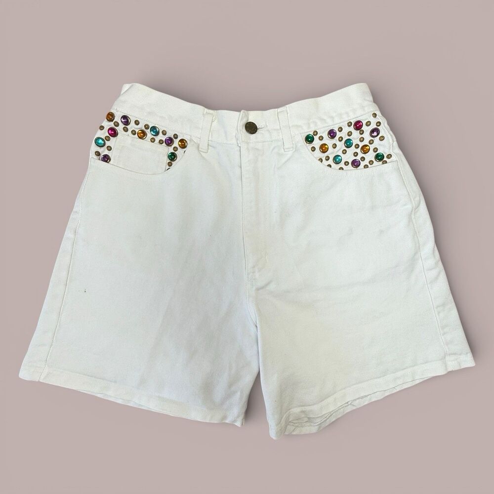 Vintage 90s Bedazzled White Mom Shorts Size 8 Rodeo Western Festival Party Swift - Picture 2 of 15